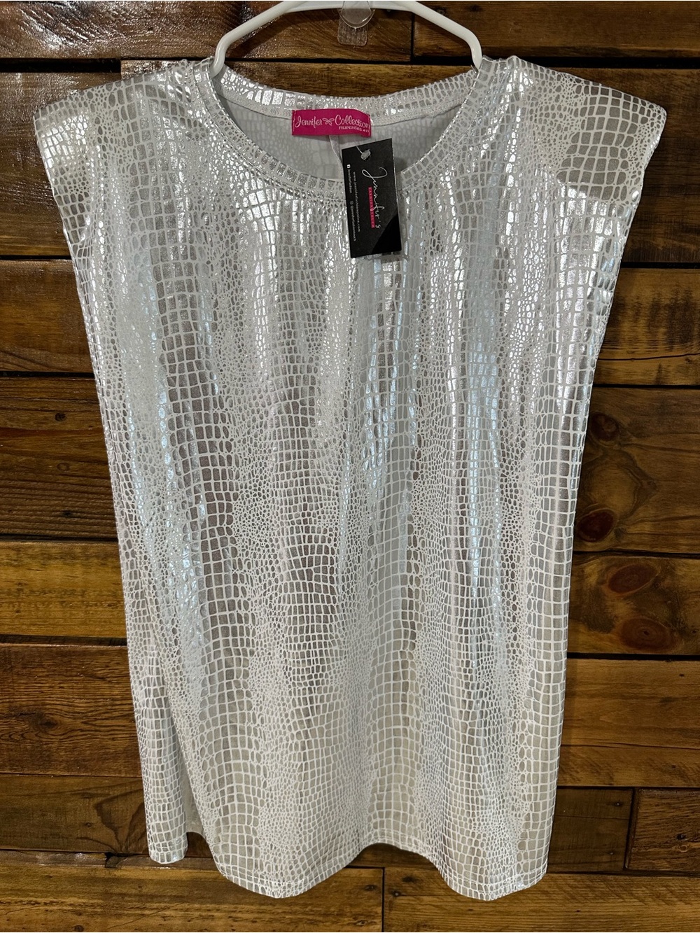 Silver Metallic Croc-Print Cap Sleeve Blouse